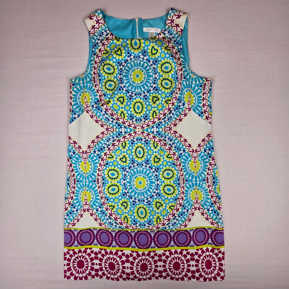 London Times Mosaic Print Shift Dress Women 12 Blue Multicolor Sleeveless Cotton